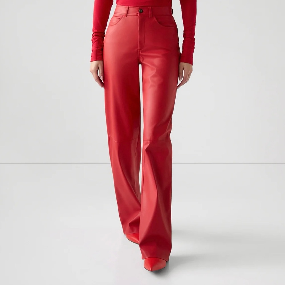 Marcella NYC “Julien Pants” | Red Vegan Leather Pants | High-Rise | Wide-Leg